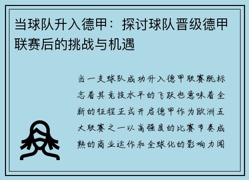 当球队升入德甲：探讨球队晋级德甲联赛后的挑战与机遇