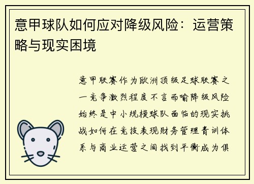 意甲球队如何应对降级风险：运营策略与现实困境