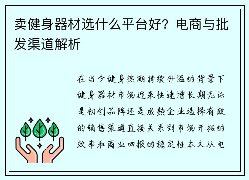 卖健身器材选什么平台好？电商与批发渠道解析